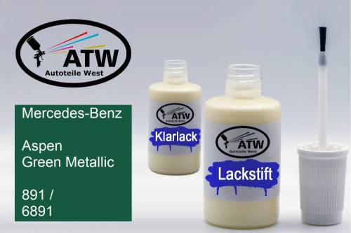 Mercedes-Benz, Aspen Green Metallic, 891 / 6891: 20ml Lackstift + 20ml Klarlack - Set, von ATW Autoteile West.